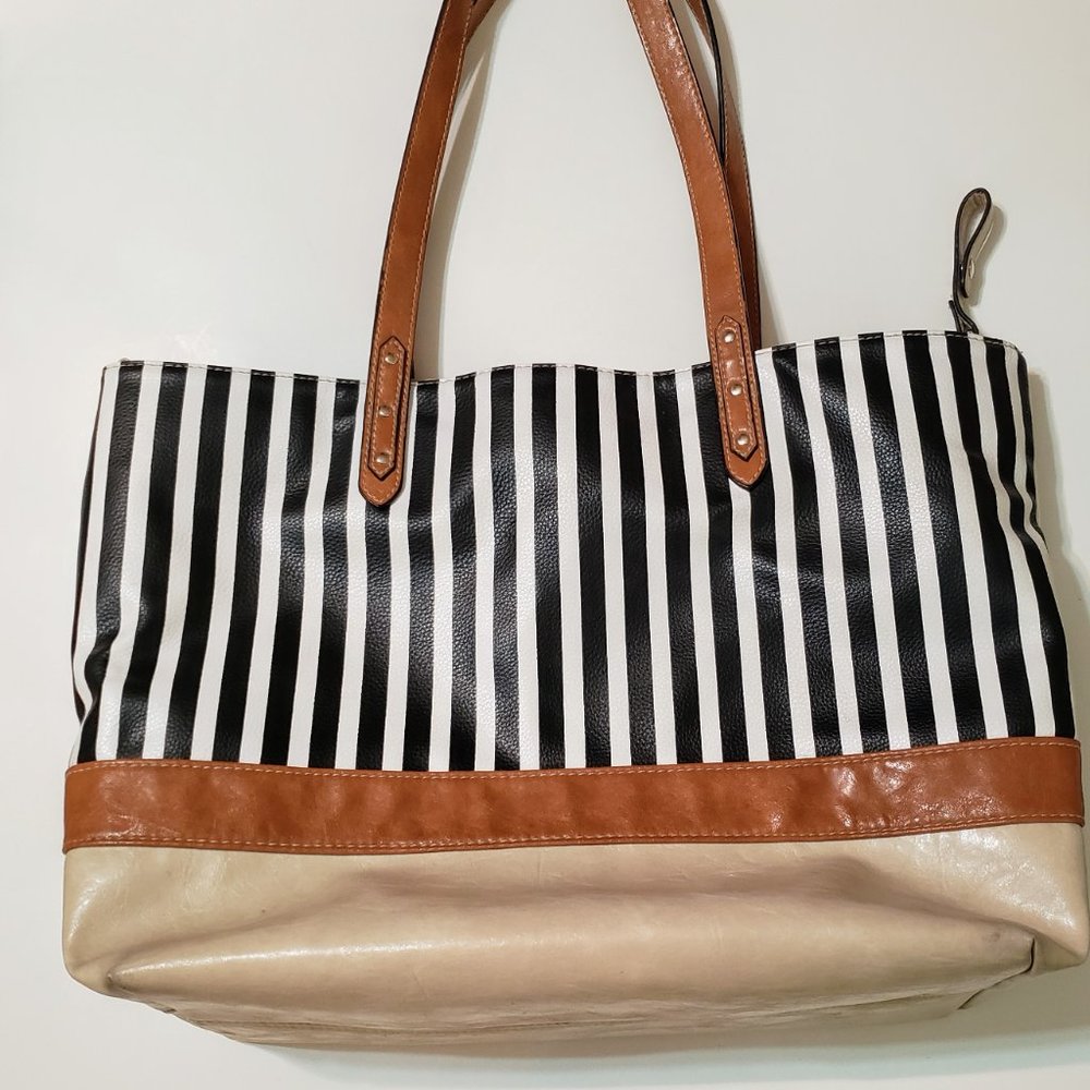 Tote - black/white stripes, beige bottom and brown handles, roomy